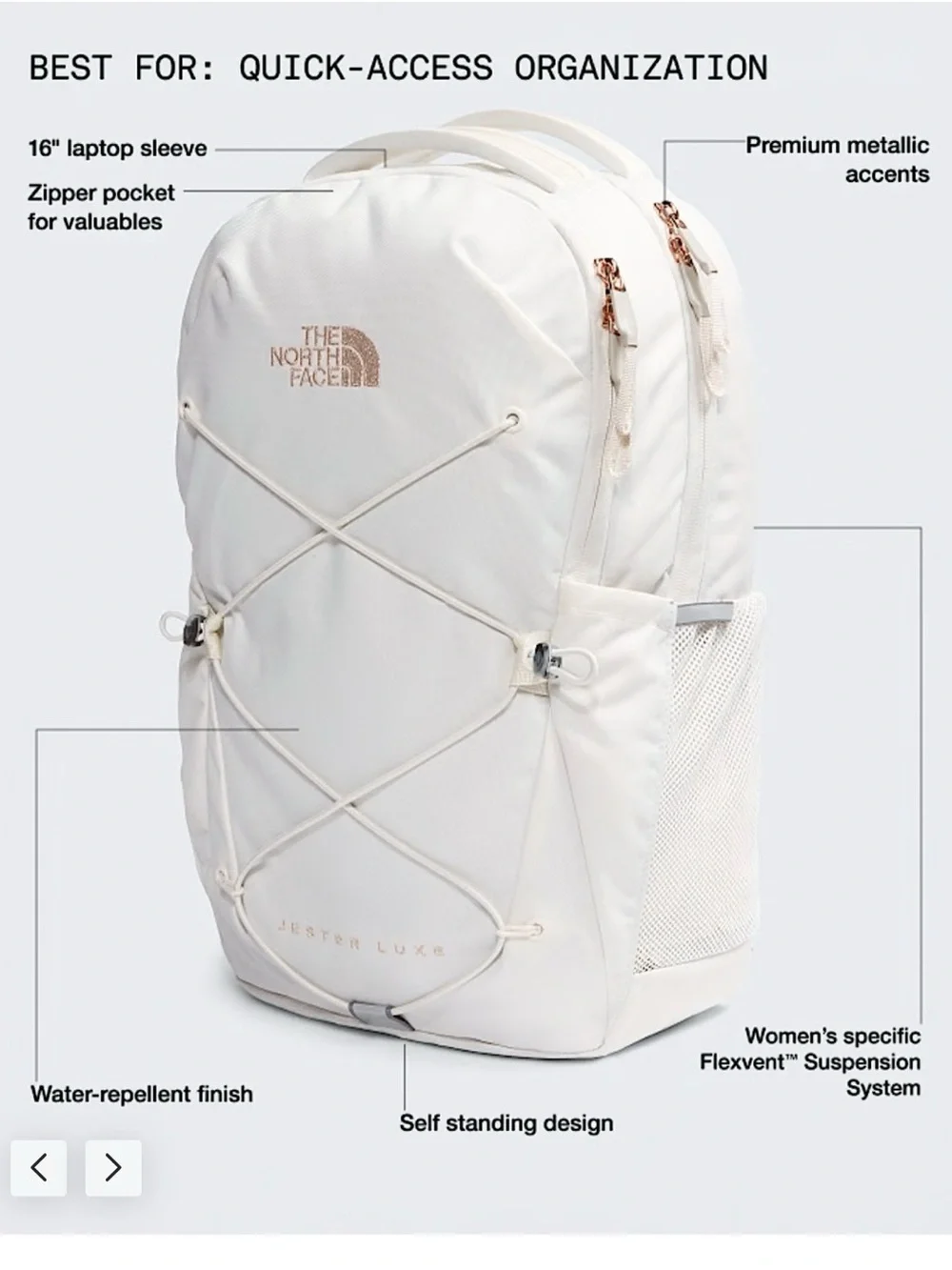 The North Face Jester Luxe Women's Backpack in White with Rose Gold 27L